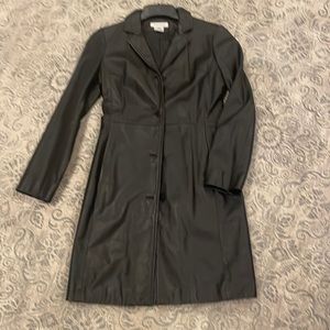 Nine West Classic Black Leather Midi (3/4 length) Trench Coat